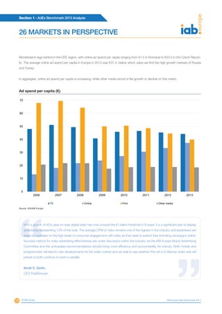 Section 1 - AdEx Benchmark 2013 Analysis
19 © IAB Europe IAB Europe AdEx Benchmark 2013
26 MARKETS IN PERSPECTIVE
Monetisation lags behind in the CEE region, with online ad spend per capita ranging from €1.5 in Romania to €33.5 in the Czech Repub-
lic. The average online ad spend per capita in Europe in 2013 was €37.4, below which value we find the high growth markets of Russia
and Turkey.
In aggregate, online ad spend per capita is increasing, while other media record a flat growth or decline on this metric.
0
10
20
30
40
50
60
70
2006 2007 2008 2009 2010 2011 2012 2013
TV Online Print Other media
Ad spend per capita (€)
Source: IHS/IAB Europe
With a growth of 45% year-on-year digital video has now crossed the €1 billion threshold in Europe. It is a significant part of display
advertising representing 13% of the total. The average CPM of video remains one of the highest in the industry and advertisers are
eager to capitalise on the high levels of consumer engagement with video as they seek to extend their branding campaigns online.
Success metrics for video advertising effectiveness are under discussion within the industry via the IAB Europe Brand Advertising
Committee and the anticipated recommendations should bring more efficiency and accountability for brands. Both mobile and
programmatic will lead to new developments for the video market and we wait to see whether Pre-roll or In Banner Video ads will
prevail or both continue to exist in parallel.
Arndt C. Groth,
CEO PubliGroupe
 