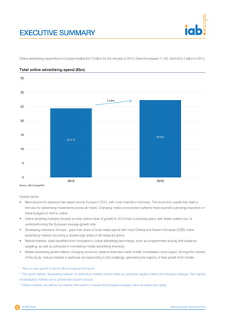 6 © IAB Europe IAB Europe AdEx Benchmark 2013
Online advertising expenditure in Europe totalled €27.3 billion for the full year of 2013. Spend increased 11.9% from €24.4 billion in 2012.
24.4 €
27.3 €
0
5
10
15
20
25
30
35
2012 2013
Total online advertising spend (€bn)
Source: IAB Europe/IHS
11.9%
Overall trends:
•	 Macroeconomic pressure has eased across Europe in 2013, with most markets in recovery. This economic upside has been a
stimulus for advertising investments across all media. Changing media consumption patterns have spurred a growing proportion of
these budgets to shift to online.
•	 Online adverting markets showed a more uniform level of growth in 2013 than in previous years, with fewer outliers out- or
underperforming the European average growth rate.
•	 Developing markets in Europe , grew their share of total media spend with most Central and Eastern European (CEE) online
advertising markets recording a double-digit share of all media ad spend.
•	 Mature markets have benefited from innovation in online advertising technology, such as programmatic buying and audience
targeting, as well as advances in monetising mobile advertising inventory.
•	 Mobile advertising growth reflects changing consumer patterns that have made mobile monetisation more urgent. Among the markets
of this study, mature markets in particular are responding to this challenge, generating the majority of their growth from mobile.
EXECUTIVE SUMMARY
1
Year-on-year growth is like-for-like throughout the report.
2
This report defines ‘developing markets’ as defined as markets where online ad spend per capita is below the European average. The majority
of developing markets are in Central and Eastern Europe.
3
Mature markets are defined as markets that match or exceed the European average online ad spend per capita.
 