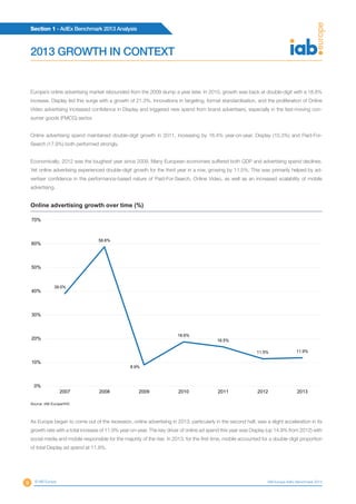 Section 1 - AdEx Benchmark 2013 Analysis
9 © IAB Europe IAB Europe AdEx Benchmark 2013
2013 GROWTH IN CONTEXT
Europe’s online advertising market rebounded from the 2009 slump a year later. In 2010, growth was back at double-digit with a 18.8%
increase. Display led this surge with a growth of 21.3%. Innovations in targeting, format standardisation, and the proliferation of Online
Video advertising increased confidence in Display and triggered new spend from brand advertisers, especially in the fast-moving con-
sumer goods (FMCG) sector.
Online advertising spend maintained double-digit growth in 2011, increasing by 16.4% year-on-year. Display (15.3%) and Paid-For-
Search (17.9%) both performed strongly.
Economically, 2012 was the toughest year since 2009. Many European economies suffered both GDP and advertising spend declines.
Yet online advertising experienced double-digit growth for the third year in a row, growing by 11.5%. This was primarily helped by ad-
vertiser confidence in the performance-based nature of Paid-For-Search, Online Video, as well as an increased scalability of mobile
advertising.
39.0%
58.6%
8.9%
18.6%
16.5%
11.5% 11.9%
0%
10%
20%
30%
40%
50%
60%
70%
2007 2008 2009 2010 2011 2012 2013
Online advertising growth over time (%)
Source: IAB Europe/IHS
As Europe began to come out of the recession, online advertising in 2013, particularly in the second half, saw a slight acceleration in its
growth rate with a total increase of 11.9% year-on-year. The key driver of online ad spend this year was Display (up 14.9% from 2012) with
social media and mobile responsible for the majority of the rise. In 2013, for the first time, mobile accounted for a double-digit proportion
of total Display ad spend at 11.8%.
 