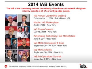 2014 IAB Events
IAB Annual Leadership Meeting
February 9 - 11, 2014 • Palm Desert, CA
Mobile: IAB Marketplace
April 7, 2014 • New York
IAB Cross-Screens
May 15, 2014 • New York
Advertising Technology: IAB Marketplace
June 9, 2014 • New York
IAB MIXX Conference & Expo
September 29 - 30, 2014 • New York
IAB MIXX Awards
September 30, 2014 • New York
IAB Ad Operations Summit
November 3, 2014 • New York
The IAB is the convening voice of the industry - hear from and network alongside
industry experts at all of our cutting-edge events.
 