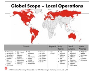 Europe Regional Asia
Pacific
South
America
North
America
• IAB Austria
• IAB Belgium
• IAB Bulgaria
• IAB Croatia
(INAMA)
• IAB
Denmark
(FDIM)
• IAB Finland
• IAB France
• IAB
Germany
(BVDW)
• IAB Greece
• IAB Hungary
• IAB Ireland
• IAB Italy
• IAB
Macedonia
• IAB
Netherlands
• Norway
(INMA)
• IAB Poland
• IAB Romania
• IAB Russia
• IAB Serbia
• IAB Slovakia
• IAB Spain
• IAB Sweden
• IAB Turkey
• IAB UK
• IAB
Europe
• IAB
Australia
• IAB New
Zealand
• IAB
Singapore
• IAB
Vietnam
• IAB
Argentina
• IAB Brazil
• IAB Chile
• IAB
Colombia
• IAB Ecuador
• IAB Peru
• IAB Uruguay
• IAB (United
States)
• IAB Canada
• IAB
Caribbean
• IAB Mexico
 