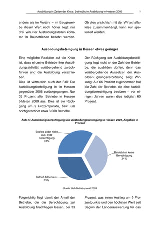 Ausbildung in Zeiten der Krise: Betriebliche Ausbildung in Hessen 2009             7


anders als im Vorjahr – im Baugewer-                 Ob dies ursächlich mit der Wirtschafts-
be dieser Wert noch höher liegt: nur                 krise zusammenhängt, kann nur spe-
drei von vier Ausbildungsstellen konn-               kuliert werden.
ten in Baubetrieben besetzt werden.


                Ausbildungsbeteiligung in Hessen etwas geringer

Eine mögliche Reaktion auf die Krise                 Der Rückgang der Ausbildungsbeteili-
ist, dass einzelne Betriebe ihre Ausbil-             gung liegt nicht an der Zahl der Betrie-
dungsaktivität vorübergehend zurück-                 be, die ausbilden dürfen, denn das
fahren und die Ausbildung verschie-                  vorübergehende Aussetzen der Aus-
ben.                                                 bilder-Eignungsverordnung zeigt Wir-
Dies ist vermutlich auch der Fall: Die               kung: Auf 66 Prozent zugenommen hat
Ausbildungsbeteiligung ist in Hessen                 die Zahl der Betriebe, die eine Ausbil-
gegenüber 2008 zurückgegangen. Nur                   dungsberechtigung besitzen – vor ei-
33 Prozent aller Betriebe in Hessen                  nigen Jahren waren dies lediglich 60
bildeten 2009 aus. Dies ist ein Rück-                Prozent.
gang um 2 Prozentpunkte, bzw. um
hochgerechnet etwa 3.000 Betriebe.

 Abb. 5: Ausbildungsberechtigung und Ausbildungsbeteiligung in Hessen 2009, Angaben in
                                       Prozent


           Betrieb bildet nicht
                aus, trotz
             Berechtigung
                  33%



                                                                            Betrieb hat keine
                                                                             Berechtigung
                                                                                  34%




            Betrieb bildet aus
                  33%

                                  Quelle: IAB-Betriebspanel 2009


Folgerichtig liegt damit der Anteil der              Prozent, was einen Anstieg um 5 Pro-
Betriebe, die die Berechtigung zur                   zentpunkte und den höchsten Wert seit
Ausbildung brachliegen lassen, bei 33                Beginn der Länderauswertung für das
 