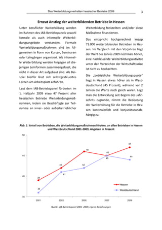 Das Weiterbildungsverhalten hessischer Betriebe 2009                                  3


              Erneut Anstieg der weiterbildenden Betriebe in Hessen 
Unter  beruflicher  Weiterbildung  werden                      Weiterbildung  freistellten  und/oder  diese 
im Rahmen des IAB‐Betriebspanels sowohl                        Maßnahme finanzierten.  
formale  als  auch  informelle  Weiterbil‐                     Das  entspricht  hochgerechnet  knapp 
dungsangebote  verstanden.  Formale                            71.000  weiterbildenden  Betrieben  in  Hes‐
Weiterbildungsmaßnahmen  sind  im  All‐                        sen.  Im  Vergleich  mit  den  Vorjahren  liegt 
gemeinen in Form von Kursen, Seminaren                         der Wert des Jahres 2009 nochmals höher, 
oder Lehrgängen organisiert. Als informel‐                     eine nachlassende Weiterbildungsaktivität 
le Weiterbildung werden hingegen all die‐                      unter den Vorzeichen der Wirtschaftskrise 
jenigen Lernformen zusammengefasst, die                        ist nicht zu beobachten.  
nicht in dieser Art aufgebaut sind. Als Bei‐
                                                               Die  „betriebliche  Weiterbildungsquote“ 
spiel  hierfür  lässt  sich  selbstgesteuertes 
                                                               liegt  in  Hessen  etwas  höher  als  in  West‐
Lernen am Arbeitsplatz anführen. 
                                                               deutschland  (45  Prozent),  während  vor  2 
Laut  dem  IAB‐Betriebspanel  förderten  im                    Jahren  die Werte  noch  gleich  waren.  Legt 
1.  Halbjahr  2009  etwa  47  Prozent  aller 
                                                               man die Entwicklung seit Beginn des Jahr‐
hessischen  Betriebe  Weiterbildungsmaß‐
                                                               zehnts  zugrunde,  nimmt  die  Bedeutung 
nahmen,  indem  sie  Beschäftigte  zur  Teil‐
                                                               der Weiterbildung für die Betriebe in Hes‐
nahme  an  inner‐  oder  außerbetrieblicher 
                                                               sen  kontinuierlich  und  konjunkturunab‐
                                                               hängig zu.  
                                                       
Abb. 1: Anteil von Betrieben, die Weiterbildungsmaßnahmen fördern, an allen Betrieben in Hessen 
                       und Westdeutschland 2001‐2009, Angaben in Prozent 
  50



                                                                                                    47

                                                               46
                                                                                45
  45                                                                                                 44
                                                                               45


                                 42                       42



                                      41
  40
              39


                                                                                           Hessen
              36
                                                                                           Westdeutschland

  35
             2001                2003                  2005                   2007               2009
                                                                                                                  
                          Quelle: IAB‐Betriebspanel 2001 ‐2009, eigene Berechnungen 
                                                       
 