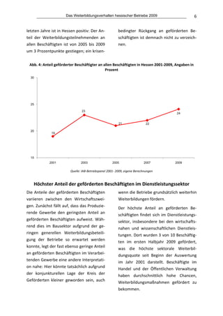 Das Weiterbildungsverhalten hessischer Betriebe 2009                             6


letzten Jahre ist in Hessen positiv: Der An‐               bedingter  Rückgang  an  geförderten  Be‐
teil  der  Weiterbildungsteilnehmenden  an                 schäftigten ist demnach nicht zu verzeich‐
allen  Beschäftigten  ist  von  2005  bis  2009            nen.  
um 3 Prozentpunkte gestiegen; ein krisen‐
                                                       
 Abb. 4: Anteil geförderter Beschäftigter an allen Beschäftigten in Hessen 2001‐2009, Angaben in 
                                              Prozent 
  30




  25

                                 23
                                                                                             24


                                                           21                 22

  20
               19




  15
             2001                2003                  2005                  2007           2009
                                                                                                             
                          Quelle: IAB‐Betriebspanel 2001‐ 2009, eigene Berechnungen 
                                        
    Höchster Anteil der geförderten Beschäftigten im Dienstleistungssektor 
Die  Anteile  der  geförderten  Beschäftigten              wenn die Betriebe grundsätzlich weiterhin 
variieren  zwischen  den  Wirtschaftszwei‐                 Weiterbildungen fördern.  
gen. Zunächst fällt auf, dass das Produzie‐                Der  höchste  Anteil  an  geförderten  Be‐
rende  Gewerbe  den  geringsten  Anteil  an                schäftigten  findet  sich  im  Dienstleistungs‐
geförderten  Beschäftigten  aufweist.  Wäh‐                sektor,  insbesondere  bei  den  wirtschafts‐
rend  dies  im  Bausektor  aufgrund  der  ge‐              nahen  und  wissenschaftlichen  Dienstleis‐
ringen  generellen  Weiterbildungsbeteili‐                 tungen. Dort wurden 3 von 10 Beschäftig‐
gung  der  Betriebe  so  erwartet  werden                  ten  im  ersten  Halbjahr  2009  gefördert, 
konnte, legt der fast ebenso geringe Anteil                was  die  höchste  sektorale  Weiterbil‐
an geförderten Beschäftigten im Verarbei‐                  dungsquote  seit  Beginn  der  Auswertung 
tenden Gewerbe eine andere Interpretati‐                   im  Jahr  2001  darstellt.  Beschäftigte  im 
on nahe: Hier könnte tatsächlich aufgrund                  Handel  und  der  Öffentlichen  Verwaltung 
der  konjunkturellen  Lage  der  Kreis  der                haben  durchschnittlich  hohe  Chancen, 
Geförderten  kleiner  geworden  sein,  auch                Weiterbildungsmaßnahmen  gefördert  zu 
                                                           bekommen. 
 