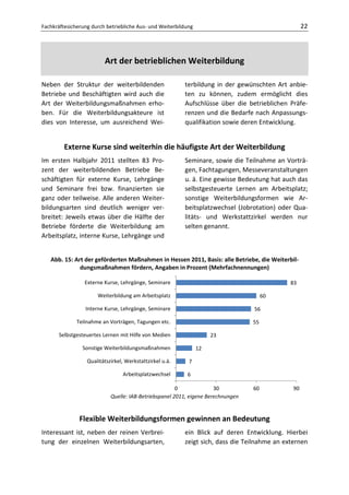 Fachkräftesicherung durch betriebliche Aus- und Weiterbildung                                       22




                         Art der betrieblichen Weiterbildung

Neben der Struktur der weiterbildenden                    terbildung in der gewünschten Art anbie-
Betriebe und Beschäftigten wird auch die                  ten zu können, zudem ermöglicht dies
Art der Weiterbildungsmaßnahmen erho-                     Aufschlüsse über die betrieblichen Präfe-
ben. Für die Weiterbildungsakteure ist                    renzen und die Bedarfe nach Anpassungs-
dies von Interesse, um ausreichend Wei-                   qualifikation sowie deren Entwicklung.


         Externe Kurse sind weiterhin die häufigste Art der Weiterbildung
Im ersten Halbjahr 2011 stellten 83 Pro-                  Seminare, sowie die Teilnahme an Vorträ-
zent der weiterbildenden Betriebe Be-                     gen, Fachtagungen, Messeveranstaltungen
schäftigten für externe Kurse, Lehrgänge                  u. ä. Eine gewisse Bedeutung hat auch das
und Seminare frei bzw. finanzierten sie                   selbstgesteuerte Lernen am Arbeitsplatz;
ganz oder teilweise. Alle anderen Weiter-                 sonstige Weiterbildungsformen wie Ar-
bildungsarten sind deutlich weniger ver-                  beitsplatzwechsel (Jobrotation) oder Qua-
breitet: Jeweils etwas über die Hälfte der                litäts- und Werkstattzirkel werden nur
Betriebe förderte die Weiterbildung am                    selten genannt.
Arbeitsplatz, interne Kurse, Lehrgänge und


   Abb. 15: Art der geförderten Maßnahmen in Hessen 2011, Basis: alle Betriebe, die Weiterbil-
              dungsmaßnahmen fördern, Angaben in Prozent (Mehrfachnennungen)

                 Externe Kurse, Lehrgänge, Seminare                                           83

                      Weiterbildung am Arbeitsplatz                                    60

                 Interne Kurse, Lehrgänge, Seminare                               56

              Teilnahme an Vorträgen, Tagungen etc.                               55

       Selbstgesteuertes Lernen mit Hilfe von Medien                 23

                Sonstige Weiterbildungsmaßnahmen                12

                  Qualitätszirkel, Werkstattzirkel u.ä.    7

                                 Arbeitsplatzwechsel      6

                                                       0              30          60           90
                            Quelle: IAB-Betriebspanel 2011, eigene Berechnungen


               Flexible Weiterbildungsformen gewinnen an Bedeutung
Interessant ist, neben der reinen Verbrei-                ein Blick auf deren Entwicklung. Hierbei
tung der einzelnen Weiterbildungsarten,                   zeigt sich, dass die Teilnahme an externen
 