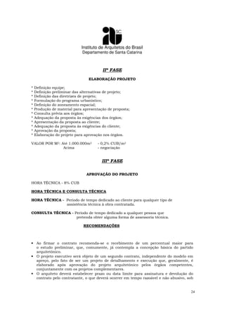 Instituto de Arquitetos do Brasil
Departamento de Santa Catarina
24
IIª FASE
ELABORAÇÃO PROJETO
* Definição equipe;
* Definição preliminar das alternativas de projeto;
* Definição das diretrizes de projeto;
* Formulação do programa urbanístico;
* Definição do zoneamento espacial;
* Produção de material para apresentação de proposta;
* Consulta prévia aos órgãos;
* Adequação da proposta às exigências dos órgãos;
* Apresentação da proposta ao cliente;
* Adequação da proposta às exigências do cliente;
* Aprovação da proposta;
* Elaboração do projeto para aprovação nos órgãos.
VALOR POR M2: Até 1.000.000m2 - 0,2% CUB/m2
Acima - negociação
IIIª FASE
APROVAÇÃO DO PROJETO
HORA TÉCNICA - 8% CUB
HORA TÉCNICA E CONSULTA TÉCNICA
HORA TÉCNICA - Período de tempo dedicado ao cliente para qualquer tipo de
assistência técnica à obra contratada.
CONSULTA TÉCNICA - Período de tempo dedicado a qualquer pessoa que
pretenda obter alguma forma de assessoria técnica.
RECOMENDAÇÕES
• Ao firmar o contrato recomenda-se o recebimento de um percentual maior para
o estudo preliminar, que, comumente, já contempla a concepção básica do partido
arquitetônico.
• O projeto executivo será objeto de um segundo contrato, independente do modelo em
apreço, pelo fato de ser um projeto de detalhamento e execução que, geralmente, é
elaborado após aprovação do projeto arquitetônico pelos órgãos competentes,
conjuntamente com os projetos complementares.
• O arquiteto deverá estabelecer prazo ou data limite para assinatura e devolução do
contrato pelo contratante, o que deverá ocorrer em tempo razoável e não abusivo, sob
 