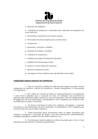 Instituto de Arquitetos do Brasil
Departamento de Santa Catarina
5
a - Reuniões de trabalhos;
b - Trabalhos de pesquisas e orientação para elaboração do programa em
casos especiais;
c - Os estudos e variantes de um mesmo projeto;
d - Os estudos de novos projetos para a mesma obra;
e - orçamentos;
f - assessoria, consultas e estadias;
g - despesas de viagens e estadias;
h - trabalhos de arquitetura;
i - trabalhos de projetos de desenho industrial;
j - trabalhos de comunicação visual;
k - painéis e outros elementos artísticos;
l - desenho de plantas de obra;
m - quaisquer outros trabalhos não especificados nesta tabela.
CONDIÇÕES GERAIS (OBJETO DE CONTRATO):
1 - Uma vez iniciado o trabalho de cada uma das etapas do projeto, haverá
assegurado ao arquiteto o direito de terminá-lo e receber integralmente a remuneração
correspondente.
2 - Se o objeto do contrato se limitar ao estudo preliminar e ao anteprojeto
e estes forem utilizados para a execução da obra, tal utilização será suscetível da
aplicação das disposições legais relativas ao mau uso do projeto, além da obrigatoriedade
do pagamento de uma indenização correspondente a 50% (cinqüenta por cento) do valor
acordado para as peças em questão;
3 - Se houver supressão de parte dos trabalhos contratados, o arquiteto
terá direito a uma indenização na parte suprimida, correspondente a 50% (cinqüenta por
cento) do valor da remuneração respectiva;
4 - Serão fornecidos pelos contratantes todos os dados requeridos pelo
arquiteto necessários à concepção do projeto, tais como levantamento planialtimétrico,
sondagens geológicas, análises do solo, dados climáticos, etc.;
5 - O contratante somente poderá se utilizar do projeto para o fim e o local
indicados nos documentos e desenhos apresentados;
 