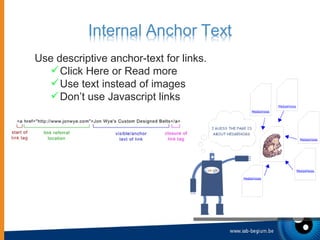 <ul><li>Use descriptive anchor-text for links.  </li></ul><ul><ul><li>Click Here or Read more </li></ul></ul><ul><ul><li>U...