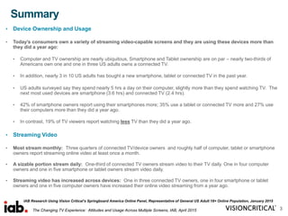 Summary
3
IAB Research Using Vision Critical’s Springboard America Online Panel, Representative of General US Adult 18+ Online Population, January 2015
• Device Ownership and Usage
• Today’s consumers own a variety of streaming video-capable screens and they are using these devices more than
they did a year ago:
• Computer and TV ownership are nearly ubiquitous, Smartphone and Tablet ownership are on par – nearly two-thirds of
Americans own one and one in three US adults owns a connected TV.
• In addition, nearly 3 in 10 US adults has bought a new smartphone, tablet or connected TV in the past year.
• US adults surveyed say they spend nearly 5 hrs a day on their computer, slightly more than they spend watching TV. The
next most used devices are smartphone (3.6 hrs) and connected TV (2.4 hrs).
• 42% of smartphone owners report using their smartphones more; 35% use a tablet or connected TV more and 27% use
their computers more than they did a year ago.
• In contrast, 19% of TV viewers report watching less TV than they did a year ago.
• Streaming Video
• Most stream monthly: Three quarters of connected TV/device owners and roughly half of computer, tablet or smartphone
owners report streaming online video at least once a month.
• A sizable portion stream daily: One-third of connected TV owners stream video to their TV daily. One in four computer
owners and one in five smartphone or tablet owners stream video daily.
• Streaming video has increased across devices: One in three connected TV owners, one in four smartphone or tablet
owners and one in five computer owners have increased their online video streaming from a year ago.
The Changing TV Experience: Attitudes and Usage Across Multiple Screens, IAB, April 2015
 