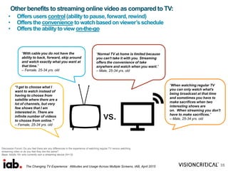 Other benefits to streaming online video as compared to TV:
Discussion Forum: Do you feel there are any differences in the experience of watching regular TV versus watching
streaming video or do you feel they are the same?
Base: Adults 18+ who currently own a streaming device (N=13)
35
“When watching regular TV
you can only watch what's
being broadcast at that time
and sometimes you have to
make sacrifices when two
interesting shows are
on. When streaming you don't
have to make sacrifices.”
– Male, 25-34 yrs. old
“With cable you do not have the
ability to back, forward, skip around
and watch exactly what you want at
that time.”
– Female, 25-34 yrs. old
“I get to choose what I
want to watch instead of
having to choose from
satellite where there are a
lot of channels, but very
few shows that I am
interested in. There are
infinite number of videos
to choose from online.”
– Female, 25-34 yrs. old
vs.
“Normal TV at home is limited because
you can't take it with you. Streaming
offers the convenience of take
anywhere and watch when you want.”
– Male, 25-34 yrs. old
• Offers users control(abilityto pause, forward,rewind)
• Offers the convenience to watchbased on viewer’s schedule
• Offers the ability to view on-the-go
The Changing TV Experience: Attitudes and Usage Across Multiple Screens, IAB, April 2015
 