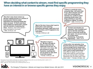 When deciding what content to stream, most find specific programming they
have an interest in or browse specific genres they enjoy.
Discussion Forum: Walk us through your decision-making process when you are deciding what to watch on TV
(regular TV or streaming online video content to your TV).
Base: Adults 25+ who currently own a streaming device (N=13)
43
“Now that I only stream shows my
decision making process is a mixture of
knowing what I want to watch
beforehand and watching things that
strike my mood. If I find a new show
that's peaked my interest then I stream
with the intention of watching that
show. However, most of the movies I
watch are based on my mood.”
– Male, 25-34 yrs. old
“Storyline is huge to
us. We like to be able to
follow a story from the
beginning to the end. We
hate stalls or time delays. We
get involved in murder
mysteries, anything that
we can guess on who done
it and how is great.”
– Female, 35-44 yrs. old
“I know when new episodes of my
favorite shows are out on Netflix and
I set up enough time to stream just
those shows during the week. I know
what I want to watch beforehand. It
does differ for regular TV you can't
really watch what you want and when
you do you can't go back, or forward.
Streaming it lets me watch what I want
when I want.” – Female, 25-34yrs. old
“If there is a particular show
airing that day, I will watch that.
If not, I like to browse around
until I find something that
interests me. I prefer to watch
streaming shows when I am
binge watching or can't find
anything on regular TV (cable)
to watch.” – Male, 25-34 yrs. old
“Most of the time I know what I want to
watch when I start watching
something. Normally I might see an ad
for a new show, and if it appeals to me,
I will watch.”
– Female, 55-64 yrs. old
“Content and storyline are
important. Time is limited and I
want to feel like watching a
show or movie was worth the
time spent. I'm not just looking
for content that's
entertaining. It should be
engrossing.” – Male, 25-34
The Changing TV Experience: Attitudes and Usage Across Multiple Screens, IAB, April 2015
 