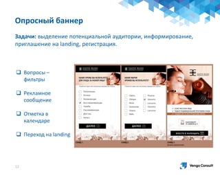 Опросный баннер
Задачи: выделение потенциальной аудитории, информирование,
приглашение на landing, регистрация.
12
 Вопросы –
фильтры
 Рекламное
сообщение
 Отметка в
календаре
 Переход на landing
 