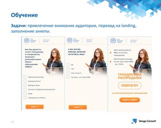 Обучение
Задачи: привлечение внимания аудитории, переход на landing,
заполнение анкеты.
17
 