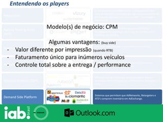 Entendendo os players
Adnetworks
Empresas que compram e revendem inventário de
terceiros
Retargeters
Se comportam como AdNetworks e agregam valor por
meio de tecnologia (retargeting e algoritmos avançados de
otimização), operando full servisse (DSP + Tecnologia +
AdNetwork)
Agency Trading Desks
(ATD)
Agências que operam DSP’s e agregam diferentes
tecnologias de targeting e adserving de acordo com os
objetivos dos clientes.
Sell-Side Platform (SSP)
Sistemas que permitem que veículos possam vender
inventário em AdExchange para AdNetworks, Retargeters e
ATD’s.
Demand Side Platform
Sistemas que permitem que AdNetworks, Retargeters e
ATD’s comprem inventário em AdExchange.
AdExchanges
São marketplaces online que possibilitam a compra e
venda de inventário em tempo real
Modelo(s) de negócio: CPM
Algumas vantagens: (buy side)
- Valor diferente por impressão (quando RTB)
- Faturamento único para inúmeros veículos
- Controle total sobre a entrega / performance
 