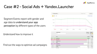 Case #2 - Social Ads + Yandex.Launcher
Segment Events report with gender and
age data to understand your app
perception by different types of the users
Understand how to improve it
Find out the ways to optimize ad campaigns
 