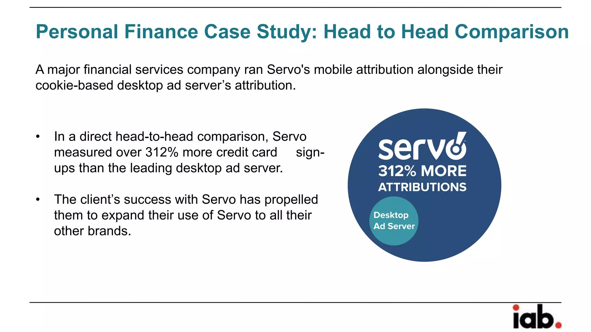 A major financial services company ran Servo's mobile attribution alongside their
cookie-based desktop ad server’s attribution.
• In a direct head-to-head comparison, Servo
measured over 312% more credit card sign-
ups than the leading desktop ad server.
• The client’s success with Servo has propelled
them to expand their use of Servo to all their
other brands.
Personal Finance Case Study: Head to Head Comparison
 