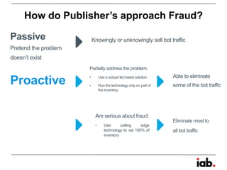How do Publisher’s approach Fraud?
Proactive
Passive
Pretend the problem
doesn’t exist
Knowingly or unknowingly sell bot traffic
Able to eliminate
some of the bot traffic
Eliminate most to
all bot traffic
Partially address the problem:
• Use a subpar list based solution
• Run the technology only on part of
the inventory
Are serious about fraud:
• Use cutting edge
technology to vet 100% of
inventory
 