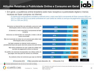 Atitudes Relativas à Publicidade Online e Consumo em Geral
• Em geral, a audiência online brasileira está mais receptiva à publicidade digital e menos
receosa ao fazer compras na internet.
- A maioria dos consumidores considera a internet como o meio mais fácil e conveniente de fazer compras (69% em
2013 vs. 60% em 2012) e se sente confortável em usar cartão de crédito ou serviços de pagamento online (63% em
2013 vs. 55% em 2012) .
2012
%
Concordo
Anúncios na internet têm me motivado a procurar mais
informações sobre a marca ou produto oferecido

69%

16%

15%

60%

A internet é o meio mais fácil e conveniente de fazer
compras

69%

16%

15%

60%

17%

16%

57%

Anúncios na internet têm me motivado a visitar o site da
marca anunciada

67%

Não me incomodo em clicar em um anúncio para obter mais
informações sobre um produto

65%

15%

20%

57%

Ao fazer compras na internet, tenho acesso a
produtos/serviços aos quais não teria acesso de outra forma

64%

17%

19%

54%

Não tenho problemas em usar cartão de crédito e/ou
serviços de pagamento online na internet

63%

Eu prefiro ver anúncios incorporados nos vídeos online do
que pagar uma taxa para ter acesso ao conteúdo

58%

Eu costumo clicar em anúncios que vejo na internet

Concordo (4-5)

52%

Não concordo nem discordo (3)

15%

20%
20%

Discordo (1-2)

55%

22%

53%

22%

46%

28%
n=2.009

n=2.075

Percentual significativamente maior que 2012 ao nível de 95% de confiança
Percentual significativamente menor que 2012 ao nível de 95% de confiança

© comScore, Inc.

Proprietary.

Q15. Assinale em que medida você concorda ou discorda das afirmações abaixo sobre publicidade
online e compras em geral.
Base: Amostra total

29

 