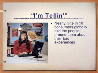 “ I’m Tellin’” Nearly nine in 10 consumers globally told the people around them about their bad experiences 