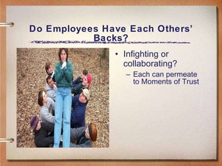 Do Employees Have Each Others’ Backs? Infighting or collaborating? Each can permeate  to Moments of Trust 