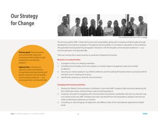 IABC OCTOBER-DECEMBER 2015 QUARTERLY REPORT 10 HOME
The primary goal for IABC is financial recovery and sustainability, along with increasing member loyalty through
development and retention programs. The opportunity facing IABC is to increase its reputation in the profession
through better brand positioning and greater interaction with the broader communication profession — as a
revenue generator and reputationally.
There are two key focus areas: business as usual and changing the business.
Business as usual priorities
1.	 A program to focus on retaining members.
2.	 Completing functionality of the new website to include chapter management tools and member
enrollment.
3.	 Ensuring our mature products (e.g. World Conference and the Gold Quill Awards) remain successful, both for
members and in creating net revenue.
4.	 Significantly uprating our external communications.
Changing the business priorities
1.	 Getting the Global Communications Certification Council and IABC Academy fully functional, delivering the
first Certification exam, and launching a suite of training products.
2.	 Creating a new plan for engaging with communication practitioners worldwide, who are not, and who may
not choose to become, IABC members (but who may benefit from the Association’s products and services
while contributing to advance our mission).
3.	 Consulting on, then bringing into alignment, the different roles of the international, regional and chapter
levels.
Our Strategy
for Change
Primary goal: financial recovery
and sustainability, along with
increasing member loyalty through
development and retention
programs.
Opportunity: to increase our
reputation within the profession
through better brand positioning and
greater interaction with the broader
communication profession — as a
revenue generator and reputationally.
The architects of the 2014-2017 strategy.
 