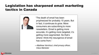 © 2015 eMarketer Inc.
Legislation has sharpened email marketing
tactics in Canada
“The death of email has been
prophesized...