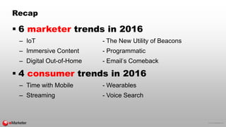 © 2015 eMarketer Inc.
Recap
6 marketer trends in 2016
– IoT - The New Utility of Beacons
– Immersive Content - Programmati...