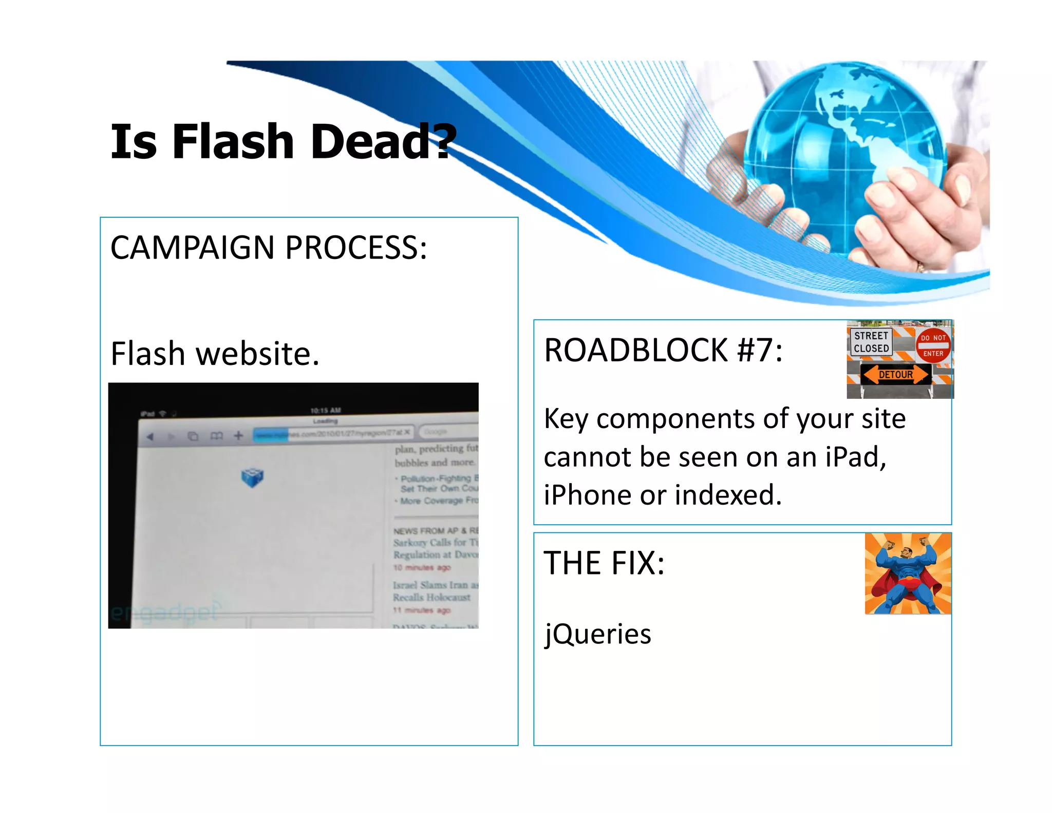 Is Flash Dead?

CAMPAIGN	
  PROCESS:	
  

Flash	
  website.	
        ROADBLOCK	
  #7:	
  
                           Key	
  components	
  of	
  your	
  site	
  
                           cannot	
  be	
  seen	
  on	
  an	
  iPad,	
  
                           iPhone	
  or	
  indexed.	
  

                           THE	
  FIX:	
  
                           jQueries	
  
 