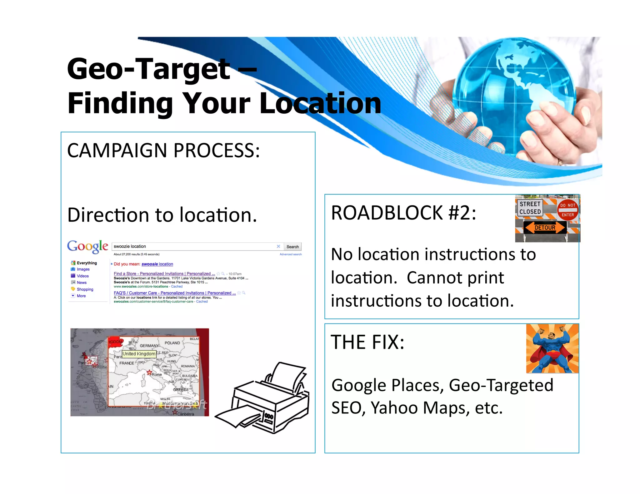 Geo-Target –
Finding Your Location
CAMPAIGN	
  PROCESS:	
  

DirecIon	
  to	
  locaIon.	
     ROADBLOCK	
  #2:	
  
                                 No	
  locaIon	
  instrucIons	
  to	
  
                                 locaIon.	
  	
  Cannot	
  print	
  
                                 instrucIons	
  to	
  locaIon.	
  

                                 THE	
  FIX:	
  
                                 Google	
  Places,	
  Geo-­‐Targeted	
  
                                 SEO,	
  Yahoo	
  Maps,	
  etc.	
  
 
