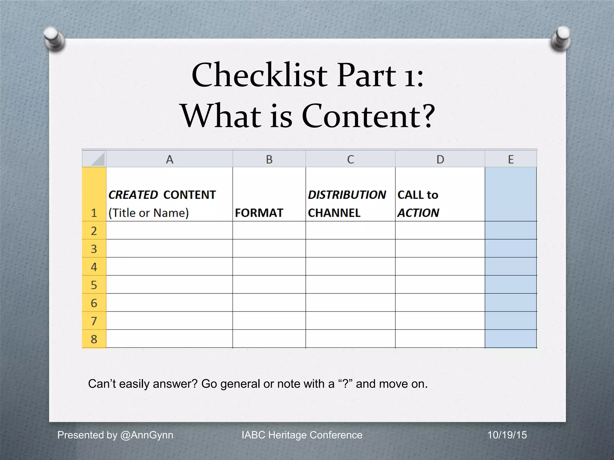 Checklist Part 1:
What is Content?
Can’t easily answer? Go general or note with a “?” and move on.
Presented by @AnnGynn IABC Heritage Conference 10/19/15
 