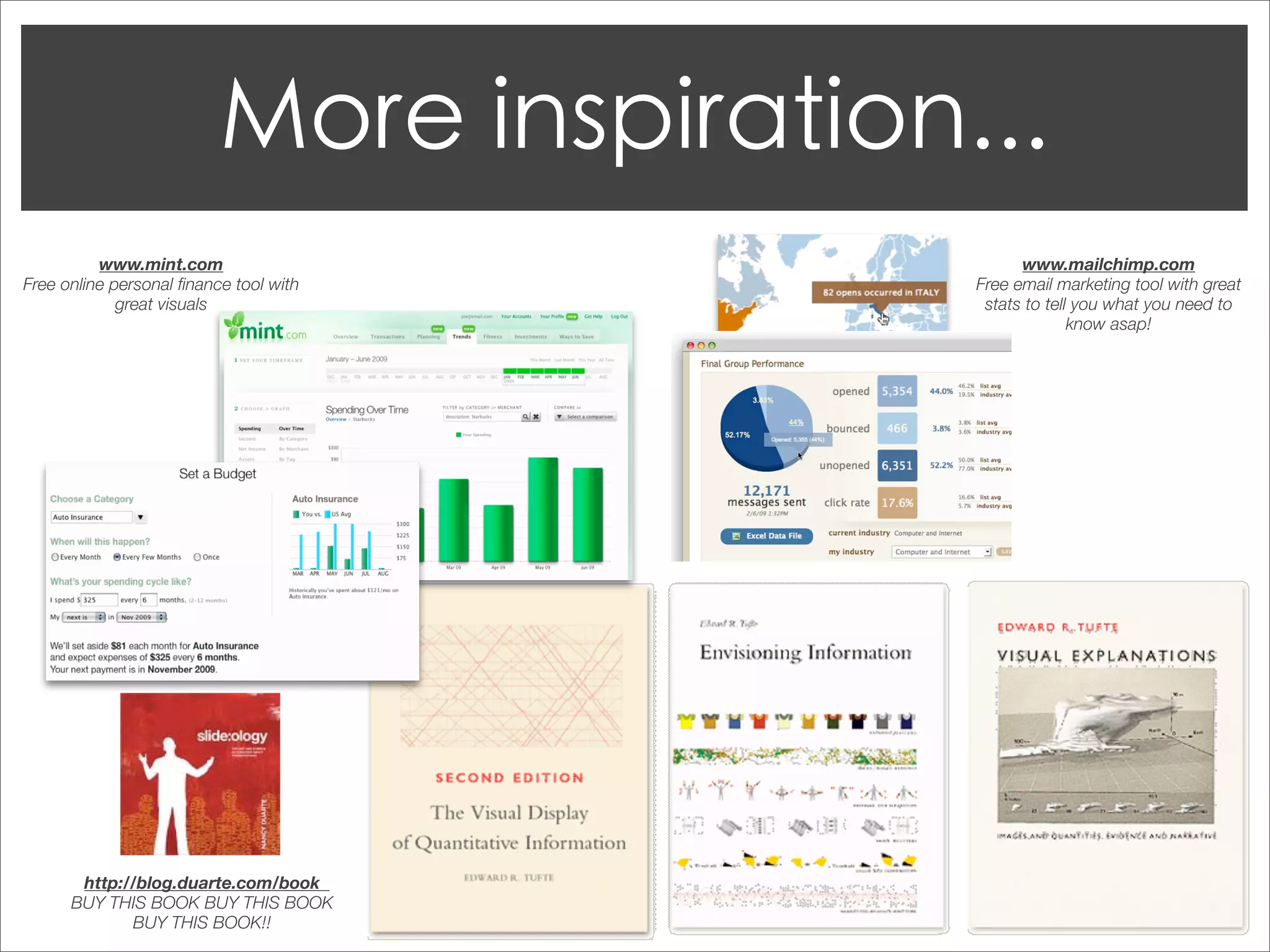 www.mint.com                        www.mailchimp.com
Free online personal ﬁnance tool with   Free email marketing tool with great
             great visuals               stats to tell you what you need to
                                                      know asap!




       http://blog.duarte.com/book
      BUY THIS BOOK BUY THIS BOOK
             BUY THIS BOOK!!
 