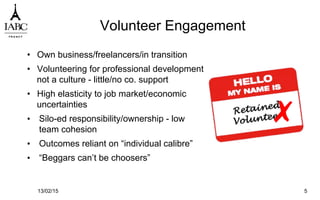 Volunteer Engagement
•  Own business/freelancers/in transition
•  Volunteering for professional development
not a culture - little/no co. support
•  High elasticity to job market/economic
uncertainties
•  Silo-ed responsibility/ownership - low
team cohesion
•  Outcomes reliant on “individual calibre”
•  “Beggars can’t be choosers”
13/02/15 5
✗
 