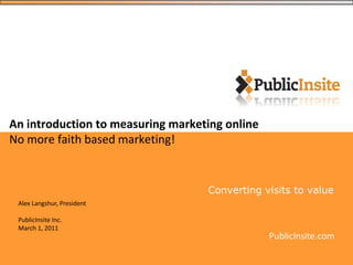 An introduction to measuring marketing online
No more faith based marketing!


                                   Converting visits to value
 Alex Langshur, President

 PublicInsite Inc.
 March 1, 2011
                                                PublicInsite.com
 