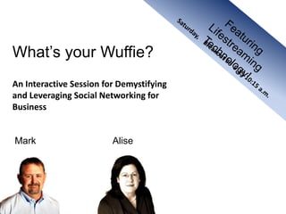 Featuring Lifestreaming Technology! What’s your Wuffie? An Interactive Session for Demystifying and Leveraging Social Networking for Business Saturday,    Breakout #6  9:15-10:15 a.m. Mark Alise 