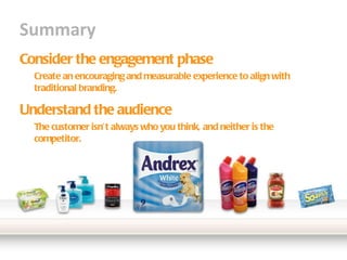 Consider the engagement phase Create an encouraging and measurable experience to align with traditional branding. Understand the audience The customer isn’t always who you think, and neither is the competitor. Summary 