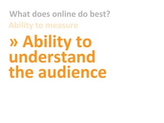 What does online do best? Ability to measure » Ability to understand the audience 
