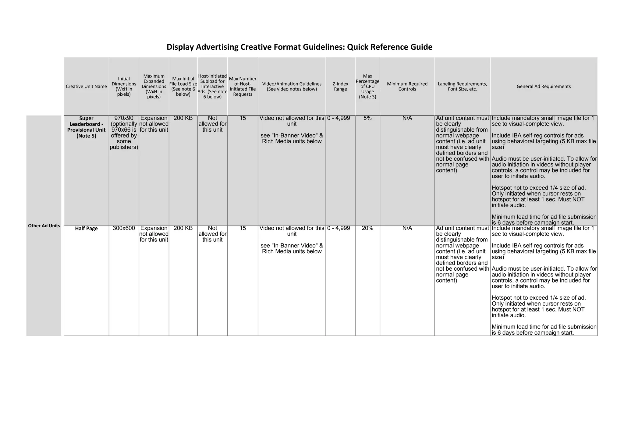 Creative Unit Name
Initial
Dimensions
(WxH in
pixels)
Maximum
Expanded
Dimensions
(WxH in
pixels)
Max Initial
File Load Size
(See note 6
below)
Host-initiated
Subload for
Interactive
Ads (See note
6 below)
Max Number
of Host-
Initiated File
Requests
Video/Animation Guidelines
(See video notes below)
Z-index
Range
Max
Percentage
of CPU
Usage
(Note 3)
Minimum Required
Controls
Labeling Requirements,
Font Size, etc. General Ad Requirements
Super
Leaderboard -
Provisional Unit
(Note 5)
970x90
(optionally
970x66 is
offered by
some
publishers)
Expansion
not allowed
for this unit
200 KB Not
allowed for
this unit
15 Video not allowed for this
unit
see "In-Banner Video" &
Rich Media units below
0 - 4,999 5% N/A Ad unit content must
be clearly
distinguishable from
normal webpage
content (i.e. ad unit
must have clearly
defined borders and
not be confused with
normal page
content)
Include mandatory small image file for 1
sec to visual-complete view.
Include IBA self-reg controls for ads
using behavioral targeting (5 KB max file
size)
Audio must be user-initiated. To allow for
audio initiation in videos without player
controls, a control may be included for
user to initiate audio.
Hotspot not to exceed 1/4 size of ad.
Only initiated when cursor rests on
hotspot for at least 1 sec. Must NOT
initiate audio.
Minimum lead time for ad file submission
is 6 days before campaign start.
Half Page 300x600 Expansion
not allowed
for this unit
200 KB Not
allowed for
this unit
15 Video not allowed for this
unit
see "In-Banner Video" &
Rich Media units below
0 - 4,999 20% N/A Ad unit content must
be clearly
distinguishable from
normal webpage
content (i.e. ad unit
must have clearly
defined borders and
not be confused with
normal page
content)
Include mandatory small image file for 1
sec to visual-complete view.
Include IBA self-reg controls for ads
using behavioral targeting (5 KB max file
size)
Audio must be user-initiated. To allow for
audio initiation in videos without player
controls, a control may be included for
user to initiate audio.
Hotspot not to exceed 1/4 size of ad.
Only initiated when cursor rests on
hotspot for at least 1 sec. Must NOT
initiate audio.
Minimum lead time for ad file submission
is 6 days before campaign start.
Display Advertising Creative Format Guidelines: Quick Reference Guide
Other Ad Units
 