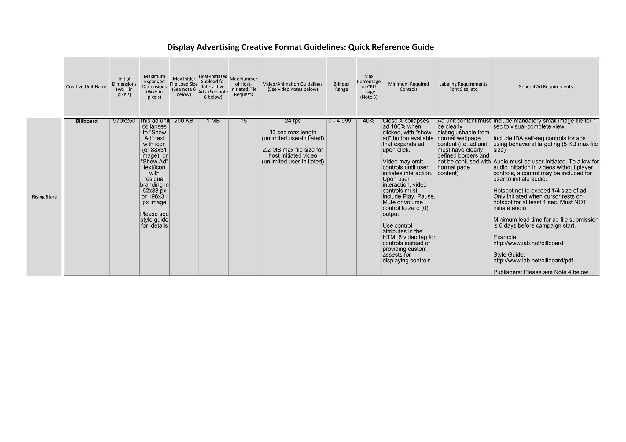 Creative Unit Name
Initial
Dimensions
(WxH in
pixels)
Maximum
Expanded
Dimensions
(WxH in
pixels)
Max Initial
File Load Size
(See note 6
below)
Host-initiated
Subload for
Interactive
Ads (See note
6 below)
Max Number
of Host-
Initiated File
Requests
Video/Animation Guidelines
(See video notes below)
Z-index
Range
Max
Percentage
of CPU
Usage
(Note 3)
Minimum Required
Controls
Labeling Requirements,
Font Size, etc. General Ad Requirements
Billboard 970x250 This ad unit
collapses
to "Show
Ad" text
with icon
(or 88x31
image), or
"Show Ad"
text/icon
with
residual
branding in
62x88 px
or 196x31
px image
Please see
style guide
for details
200 KB 1 MB 15 24 fps
30 sec max length
(unlimited user-initiated)
2.2 MB max file size for
host-initiated video
(unlimited user-initiated)
0 - 4,999 40% Close X collapses
ad 100% when
clicked, with "show
ad" button available
that expands ad
upon click.
Video may omit
controls until user
initiates interaction.
Upon user
interaction, video
controls must
include Play, Pause,
Mute or volume
control to zero (0)
output
Use control
attributes in the
HTML5 video tag for
controls instead of
providing custom
assests for
displaying controls
Ad unit content must
be clearly
distinguishable from
normal webpage
content (i.e. ad unit
must have clearly
defined borders and
not be confused with
normal page
content)
Include mandatory small image file for 1
sec to visual-complete view.
Include IBA self-reg controls for ads
using behavioral targeting (5 KB max file
size)
Audio must be user-initiated. To allow for
audio initiation in videos without player
controls, a control may be included for
user to initiate audio.
Hotspot not to exceed 1/4 size of ad.
Only initiated when cursor rests on
hotspot for at least 1 sec. Must NOT
initiate audio.
Minimum lead time for ad file submission
is 6 days before campaign start.
Example:
http://www.iab.net/billboard
Style Guide:
http://www.iab.net/billboard/pdf
Publishers: Please see Note 4 below.
Display Advertising Creative Format Guidelines: Quick Reference Guide
Rising Stars
 