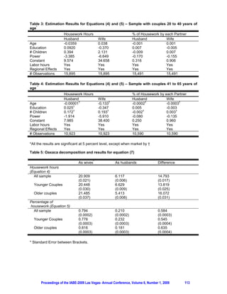 8
housework . The importance of this result is that, even if women do less housework as a result of
increasing their income, it is not necessarily because home production was becoming more equal:
they could be achieving this reduction in housework hours by hiring help for home tasks. By running
equation (5), we confirm that women reduce their share in percentage of total housework through
their economic success.

As a final test, we ran a comparison between husbands and wives following the Oaxaca
decomposition method. Oaxaca (1973) suggests the use of the statistic D – for differential – to
compare the results between two different categories. For example, using h for husbands and w for
wives, the D statistic will be:

                                                       0
                              HWh § HWh ·
                                 ¨     ¸
                              HWw ¨ HWw ¸
                                  ©     ¹
                        D                      0
                                                                                                          (6)
                                    § HWh ·
                                    ¨
                                    ¨ HW ¸¸
                                    ©   w ¹
                                                                                                0
      § HWh ·                                                                         § HWh ·
where ¨
      ¨ HW ¸ represents the observed husband-wife housework division and
            ¸                                                                         ¨
                                                                                      ¨ HW ¸ represents
                                                                                            ¸
      ©   w ¹                                                                         ©   w ¹
the husband-wife housework division without the existence of gender inequity.

We use the estimated results for equations (4) and (5) separately for husbands and wives. They
comprise a vector of individual characteristics of the sample. Applying them to the estimated
coefficients, we calculate the differential between estimated housework for all individuals as if they
                                                                                                     9
were men and compare this with the estimated housework for all individuals as if they were women ,
as shown in equation (7):

                        ˆ
                        Di     ¦ Eˆ
                                j
                                      h
                                      j   X i  ¦ E jw X i
                                                  ˆ
                                                   j
                                                                                                          (7)

Table 5 presents the results for all the models and different samples. There is a difference of 14 hours
                                                                                        10
of home production between partners that is totally explained by gender differences . We also have
the two samples divided by the couples’ ages. The result of comparing them is that roles inside the
home are becoming more equal. Younger couples still show a strong difference in home labor profiles
by gender; but there is a significant difference between younger and older couples. This result
suggests that the greater labor force participation, together with the more feminist attitudes of the last
thirty years, have had an effect.

The second part of Table 5 shows the results for the division of housework. As the hours of work have
shown, the division is still far from egalitarian; however the younger couples’ results show that the
difference among husbands and wives has declined over time. If the younger generation continues
this pattern through their lives, which appears likely; the story to be told by economists dedicated to
the study of home economics will become a different one.

3. CONCLUSION:

Our motivation for this study was to investigate the relative role of women in family decisions. Feminist
economists say that the way economics was conceived and the orthodox framework in which is
conducted bias the findings to ends other than the choices actually made in real life (Ferber 1995).
One important feature is the division of housework and its impact on the labor market, as well on

8
  Same results were found in a nonparametric approach to US data. See Gupta and Ash (2008).
9
   Another possible alternative was to compare the results for equation (7) separately to husbands and wives.
Because the aim of this paper is to estimate the home production gap between genders, we prefer to use all
individuals at each sample to calculate the statistic.
10
    There is a discussion about gender issues and gender profiles. In this paper, we only use heterosexual
couples, therefore, when using the term ‘gender’ we are considering the social expectation of men as husbands
and women as wives. See more about this in England (2003).

       Proceedings of the IABE-2009 Las Vegas- Annual Conference, Volume 6, Number 1, 2009          110
 