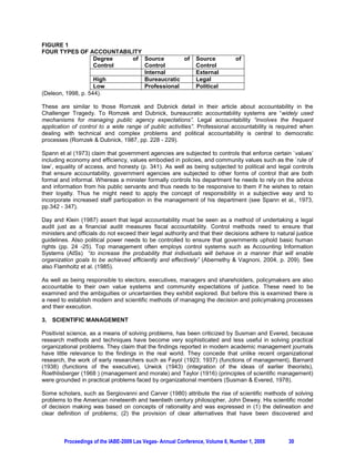 FIGURE 1
FOUR TYPES OF ACCOUNTABILITY
                    Degree  of Source       of                 Source          of
                    Control    Control                         Control
                               Internal                        External
                    High       Bureaucratic                    Legal
                    Low        Professional                    Political
(Deleon, 1998, p. 544).

These are similar to those Romzek and Dubnick detail in their article about accountability in the
Challenger Tragedy. To Romzek and Dubnick, bureaucratic accountability systems are “widely used
mechanisms for managing public agency expectations”. Legal accountability “involves the frequent
application of control to a wide range of public activities”. Professional accountability is required when
dealing with technical and complex problems and political accountability is central to democratic
processes (Romzek & Dubnick, 1987, pp. 228 - 229).

Spann et al (1973) claim that government agencies are subjected to controls that enforce certain `values’
including economy and efficiency, values embodied in policies, and community values such as the `rule of
law’, equality of access, and honesty (p. 341). As well as being subjected to political and legal controls
that ensure accountability, government agencies are subjected to other forms of control that are both
formal and informal. Whereas a minister formally controls his department he needs to rely on the advice
and information from his public servants and thus needs to be responsive to them if he wishes to retain
their loyalty. Thus he might need to apply the concept of responsibility in a subjective way and to
incorporate increased staff participation in the management of his department (see Spann et al., 1973,
pp.342 - 347).

Day and Klein (1987) assert that legal accountability must be seen as a method of undertaking a legal
audit just as a financial audit measures fiscal accountability. Control methods need to ensure that
ministers and officials do not exceed their legal authority and that their decisions adhere to natural justice
guidelines. Also political power needs to be controlled to ensure that governments uphold basic human
rights (pp. 24 -25). Top management often employs control systems such as Accounting Information
Systems (AISs) “to increase the probability that individuals will behave in a manner that will enable
organization goals to be achieved efficiently and effectively” (Abernethy & Vagnoni, 2004, p. 209). See
also Flamholtz et al. (1985).

As well as being responsible to electors, executives, managers and shareholders, policymakers are also
accountable to their own value systems and community expectations of justice. These need to be
examined and the ambiguities or uncertainties they exhibit explored. But before this is examined there is
a need to establish modern and scientific methods of managing the decision and policymaking processes
and their execution.

3. SCIENTIFIC MANAGEMENT

Positivist science, as a means of solving problems, has been criticized by Susman and Evered, because
research methods and techniques have become very sophisticated and less useful in solving practical
organizational problems. They claim that the findings reported in modern academic management journals
have little relevance to the findings in the real world. They concede that unlike recent organizational
research, the work of early researchers such as Fayol (1923; 1937) (functions of management), Barnard
(1938) (functions of the executive), Urwick (1943) (integration of the ideas of earlier theorists),
Roethlisberger (1968 ) (management and morale) and Taylor (1916) (principles of scientific management)
were grounded in practical problems faced by organizational members (Susman & Evered, 1978).

Some scholars, such as Sergiovanni and Carver (1980) attribute the rise of scientific methods of solving
problems to the American nineteenth and twentieth century philosopher, John Dewey. His scientific model
of decision making was based on concepts of rationality and was expressed in (1) the delineation and
clear definition of problems; (2) the provision of clear alternatives that have been discovered and



         Proceedings of the IABE-2009 Las Vegas- Annual Conference, Volume 6, Number 1, 2009        30
 