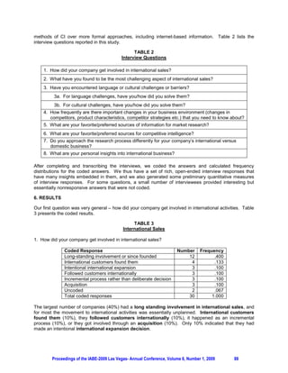 methods of CI over more formal approaches, including internet-based information. Table 2 lists the
interview questions reported in this study.

                                                 TABLE 2
                                           Interview Questions

    1. How did your company get involved in international sales?
    2. What have you found to be the most challenging aspect of international sales?
    3. Have you encountered language or cultural challenges or barriers?
         3a. For language challenges, have you/how did you solve them?
         3b. For cultural challenges, have you/how did you solve them?
    4. How frequently are there important changes in your business environment (changes in
       competitors, product characteristics, competitor strategies etc.) that you need to know about?
    5. What are your favorite/preferred sources of information for market research?
    6. What are your favorite/preferred sources for competitive intelligence?
    7. Do you approach the research process differently for your company’s international versus
       domestic business?
    8. What are your personal insights into international business?

After completing and transcribing the interviews, we coded the answers and calculated frequency
distributions for the coded answers. We thus have a set of rich, open-ended interview responses that
have many insights embedded in them, and we also generated some preliminary quantitative measures
of interview responses. For some questions, a small number of interviewees provided interesting but
essentially nonresponsive answers that were not coded.

6. RESULTS

Our first question was very general – how did your company get involved in international activities. Table
3 presents the coded results.

                                                 TABLE 3
                                            International Sales

1. How did your company get involved in international sales?

              Coded Response                                           Number      Frequency
              Long-standing involvement or since founded                   12            .400
              International customers found them                            4            .133
              Intentional international expansion                           3            .100
              Followed customers internationally                            3            .100
              Incremental process rather than deliberate decision           3            .100
              Acquisition                                                   3            .100
              Uncoded                                                       2            .067
              Total coded responses                                        30           1.000

The largest number of companies (40%) had a long standing involvement in international sales, and
for most the movement to international activities was essentially unplanned. International customers
found them (10%), they followed customers internationally (10%), it happened as an incremental
process (10%), or they got involved through an acquisition (10%). Only 10% indicated that they had
made an intentional international expansion decision.




        Proceedings of the IABE-2009 Las Vegas- Annual Conference, Volume 6, Number 1, 2009     88
 