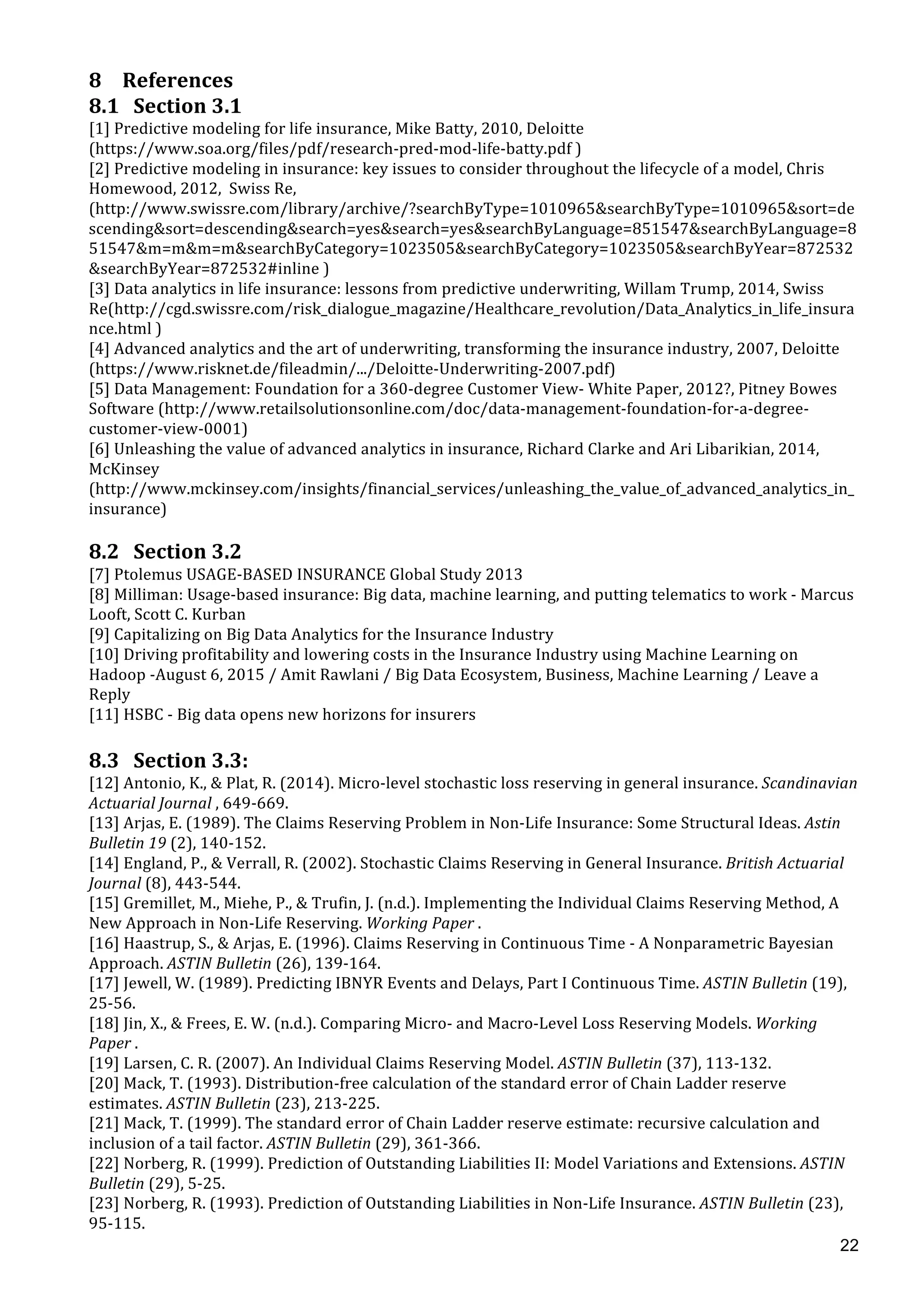  
	
  
22
8 References	
  
8.1 Section	
  3.1	
  
[1]	
  Predictive	
  modeling	
  for	
  life	
  insurance,	
  Mike	
  Batty,	
  2010,	
  Deloitte	
  
(https://www.soa.org/files/pdf/research-­‐pred-­‐mod-­‐life-­‐batty.pdf	
  )	
  
[2]	
  Predictive	
  modeling	
  in	
  insurance:	
  key	
  issues	
  to	
  consider	
  throughout	
  the	
  lifecycle	
  of	
  a	
  model,	
  Chris	
  
Homewood,	
  2012,	
  	
  Swiss	
  Re,	
  
(http://www.swissre.com/library/archive/?searchByType=1010965&searchByType=1010965&sort=de
scending&sort=descending&search=yes&search=yes&searchByLanguage=851547&searchByLanguage=8
51547&m=m&m=m&searchByCategory=1023505&searchByCategory=1023505&searchByYear=872532
&searchByYear=872532#inline	
  )	
  
[3]	
  Data	
  analytics	
  in	
  life	
  insurance:	
  lessons	
  from	
  predictive	
  underwriting,	
  Willam	
  Trump,	
  2014,	
  Swiss	
  
Re(http://cgd.swissre.com/risk_dialogue_magazine/Healthcare_revolution/Data_Analytics_in_life_insura
nce.html	
  )	
  
[4]	
  Advanced	
  analytics	
  and	
  the	
  art	
  of	
  underwriting,	
  transforming	
  the	
  insurance	
  industry,	
  2007,	
  Deloitte	
  
(https://www.risknet.de/fileadmin/.../Deloitte-­‐Underwriting-­‐2007.pdf)	
  
[5]	
  Data	
  Management:	
  Foundation	
  for	
  a	
  360-­‐degree	
  Customer	
  View-­‐	
  White	
  Paper,	
  2012?,	
  Pitney	
  Bowes	
  
Software	
  (http://www.retailsolutionsonline.com/doc/data-­‐management-­‐foundation-­‐for-­‐a-­‐degree-­‐
customer-­‐view-­‐0001)	
  
[6]	
  Unleashing	
  the	
  value	
  of	
  advanced	
  analytics	
  in	
  insurance,	
  Richard	
  Clarke	
  and	
  Ari	
  Libarikian,	
  2014,	
  
McKinsey	
  
(http://www.mckinsey.com/insights/financial_services/unleashing_the_value_of_advanced_analytics_in_
insurance)	
  
	
  
8.2 Section	
  3.2	
  
[7]	
  Ptolemus	
  USAGE-­‐BASED	
  INSURANCE	
  Global	
  Study	
  2013	
  
[8]	
  Milliman:	
  Usage-­‐based	
  insurance:	
  Big	
  data,	
  machine	
  learning,	
  and	
  putting	
  telematics	
  to	
  work	
  -­‐	
  Marcus	
  
Looft,	
  Scott	
  C.	
  Kurban	
  
[9]	
  Capitalizing	
  on	
  Big	
  Data	
  Analytics	
  for	
  the	
  Insurance	
  Industry	
  
[10]	
  Driving	
  profitability	
  and	
  lowering	
  costs	
  in	
  the	
  Insurance	
  Industry	
  using	
  Machine	
  Learning	
  on	
  
Hadoop	
  -­‐August	
  6,	
  2015	
  /	
  Amit	
  Rawlani	
  /	
  Big	
  Data	
  Ecosystem,	
  Business,	
  Machine	
  Learning	
  /	
  Leave	
  a	
  
Reply	
  
[11]	
  HSBC	
  -­‐	
  Big	
  data	
  opens	
  new	
  horizons	
  for	
  insurers	
  
	
  
8.3 Section	
  3.3:	
  
[12]	
  Antonio,	
  K.,	
  &	
  Plat,	
  R.	
  (2014).	
  Micro-­‐level	
  stochastic	
  loss	
  reserving	
  in	
  general	
  insurance.	
  Scandinavian	
  
Actuarial	
  Journal	
  ,	
  649-­‐669.	
  
[13]	
  Arjas,	
  E.	
  (1989).	
  The	
  Claims	
  Reserving	
  Problem	
  in	
  Non-­‐Life	
  Insurance:	
  Some	
  Structural	
  Ideas.	
  Astin	
  
Bulletin	
  19	
  (2),	
  140-­‐152.	
  
[14]	
  England,	
  P.,	
  &	
  Verrall,	
  R.	
  (2002).	
  Stochastic	
  Claims	
  Reserving	
  in	
  General	
  Insurance.	
  British	
  Actuarial	
  
Journal	
  (8),	
  443-­‐544.	
  
[15]	
  Gremillet,	
  M.,	
  Miehe,	
  P.,	
  &	
  Trufin,	
  J.	
  (n.d.).	
  Implementing	
  the	
  Individual	
  Claims	
  Reserving	
  Method,	
  A	
  
New	
  Approach	
  in	
  Non-­‐Life	
  Reserving.	
  Working	
  Paper	
  .	
  
[16]	
  Haastrup,	
  S.,	
  &	
  Arjas,	
  E.	
  (1996).	
  Claims	
  Reserving	
  in	
  Continuous	
  Time	
  -­‐	
  A	
  Nonparametric	
  Bayesian	
  
Approach.	
  ASTIN	
  Bulletin	
  (26),	
  139-­‐164.	
  
[17]	
  Jewell,	
  W.	
  (1989).	
  Predicting	
  IBNYR	
  Events	
  and	
  Delays,	
  Part	
  I	
  Continuous	
  Time.	
  ASTIN	
  Bulletin	
  (19),	
  
25-­‐56.	
  
[18]	
  Jin,	
  X.,	
  &	
  Frees,	
  E.	
  W.	
  (n.d.).	
  Comparing	
  Micro-­‐	
  and	
  Macro-­‐Level	
  Loss	
  Reserving	
  Models.	
  Working	
  
Paper	
  .	
  
[19]	
  Larsen,	
  C.	
  R.	
  (2007).	
  An	
  Individual	
  Claims	
  Reserving	
  Model.	
  ASTIN	
  Bulletin	
  (37),	
  113-­‐132.	
  
[20]	
  Mack,	
  T.	
  (1993).	
  Distribution-­‐free	
  calculation	
  of	
  the	
  standard	
  error	
  of	
  Chain	
  Ladder	
  reserve	
  
estimates.	
  ASTIN	
  Bulletin	
  (23),	
  213-­‐225.	
  
[21]	
  Mack,	
  T.	
  (1999).	
  The	
  standard	
  error	
  of	
  Chain	
  Ladder	
  reserve	
  estimate:	
  recursive	
  calculation	
  and	
  
inclusion	
  of	
  a	
  tail	
  factor.	
  ASTIN	
  Bulletin	
  (29),	
  361-­‐366.	
  
[22]	
  Norberg,	
  R.	
  (1999).	
  Prediction	
  of	
  Outstanding	
  Liabilities	
  II:	
  Model	
  Variations	
  and	
  Extensions.	
  ASTIN	
  
Bulletin	
  (29),	
  5-­‐25.	
  
[23]	
  Norberg,	
  R.	
  (1993).	
  Prediction	
  of	
  Outstanding	
  Liabilities	
  in	
  Non-­‐Life	
  Insurance.	
  ASTIN	
  Bulletin	
  (23),	
  
95-­‐115.	
  
 