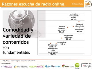 I ESTUDIO DE RADIO ONLINE 
Patrocinado por: Elaborado por: 
#IABEstudioRadio 
Razones escucha de radio online. 
P16. ¿Por ...