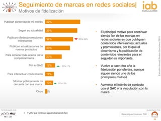 EstudioAnualRedesSociales2016
#IABEstudioRRSS
PATROCINADO POR: ELABORADO POR:
22
42%
39%
34%
30%
20%
12%
11%
10%
3%
Publican contenido de mi interés
Seguir su actualidad
Publican ofertas/promociones
interesantes
Publican actualizaciones de
nuevos productos
Para conocer más acerca de la
compañía/marca
Por su SAC
Para interactuar con la marca
Mostrar públicamente mi
cercanía con esa marca
Otros
Base siguen marcas: 746
• Y ¿Por qué continúas siguiéndola/siendo fan)
• El principal motivo para continuar
siendo fan de las marcas en
redes sociales es que publiquen
contenidos interesantes, actuales
y promociones, por lo que el
dinamismo y la publicación de
contenidos relevantes para el
seguidor es importante.
• Vuelve a caer otro año la
fidelización por ofertas, aunque
siguen siendo uno de los
principales motivos
• Aumenta el interés de contacto
con el SAC y la vinculación con la
marca.
2014:38%
2014: 7%
2014: 6%
Seguimiento de marcas en redes sociales|
Motivos de fidelización
 
