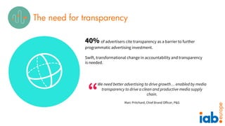 The need for transparency
40% of advertisers cite transparency as a barrier to further
programmatic advertising investment...