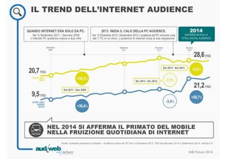 IL TREND DELL’INTERNET AUDIENCE 
NEL 2014 SI AFFERMA IL PRIMATO DEL MOBILE 
NELLA FRUIZIONE QUOTIDIANA DI INTERNET 
Fonte: Audiweb powered by Nielsen - Audience online da PC fino a Dicembre 2013, TDA da Gennaio 2014 a Settembre 2014. Indivdui 2+ 
IAB Forum 2014 
 