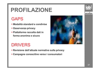 PROFILAZIONE
GAPS
Modalità standard e condivise
Osservanza privacy
Piattaforme raccolta dati in
forma anonima e sicura
37
forma anonima e sicura
DRIVERS
Revisione dell’attuale normativa sulla privacy
Campagne conoscitive verso i consumatori
 