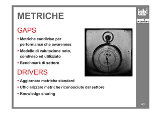 METRICHE
GAPS
Metriche condivise per
performance che awareness
Modello di valutazione noto,
condiviso ed utilizzato
40
condiviso ed utilizzato
Benchmark di settore
DRIVERS
Aggiornare metriche standard
Ufficializzare metriche riconosciute dal settore
Knowledge sharing
 