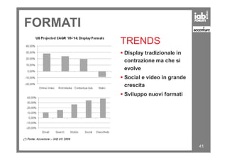 FORMATI
TRENDS
Display tradizionale in
contrazione ma che si
evolve
Social e video in grande
41
Social e video in grande
crescita
Sviluppo nuovi formati
 