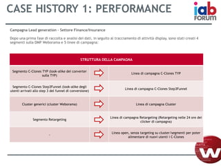 Campagna Lead generation – Settore Finance/Insurance
Dopo una prima fase di raccolta e analisi dei dati, in seguito al tracciamento di attività display, sono stati creati 4
segmenti sulla DMP Weborama e 5 linee di campagna:
STRUTTURA DELLA CAMPAGNA
Segmento C-Clones TYP (look-alike dei converter
sulla TYP)
Linea di campagna C-Clones TYP
Segmento C-Clones Step3Funnel (look-alike degli
utenti arrivati allo step 3 del funnel di conversione)
Linea di campagna C-Clones Step3Funnel
Cluster generici (cluster Weborama) Linea di campagna Cluster
Segmento Retargeting
Linea di campagna Retargeting (Retargeting nelle 24 ore dei
clicker di campagna)
-
Linea open, senza targeting su cluster/segmenti per poter
alimentare di nuovi utenti i C-Clones
CASE HISTORY 1: PERFORMANCE
 